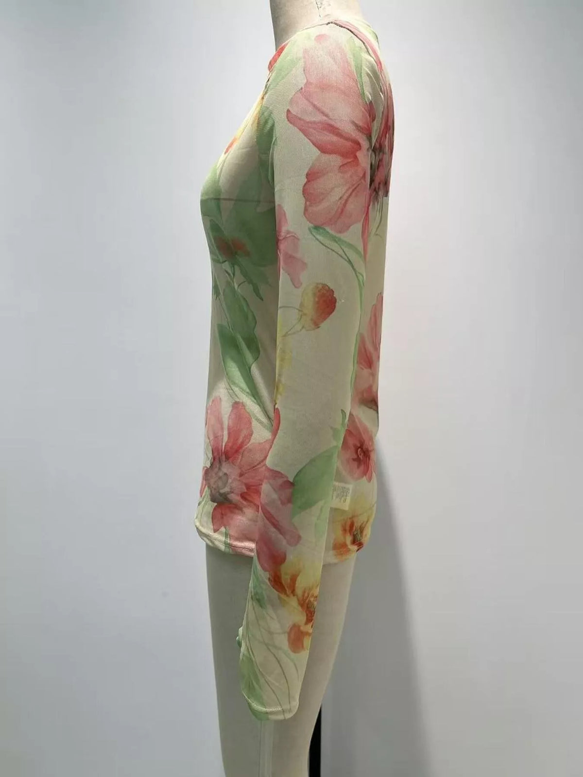 Beige floral print sheer mesh long sleeve t-shirt