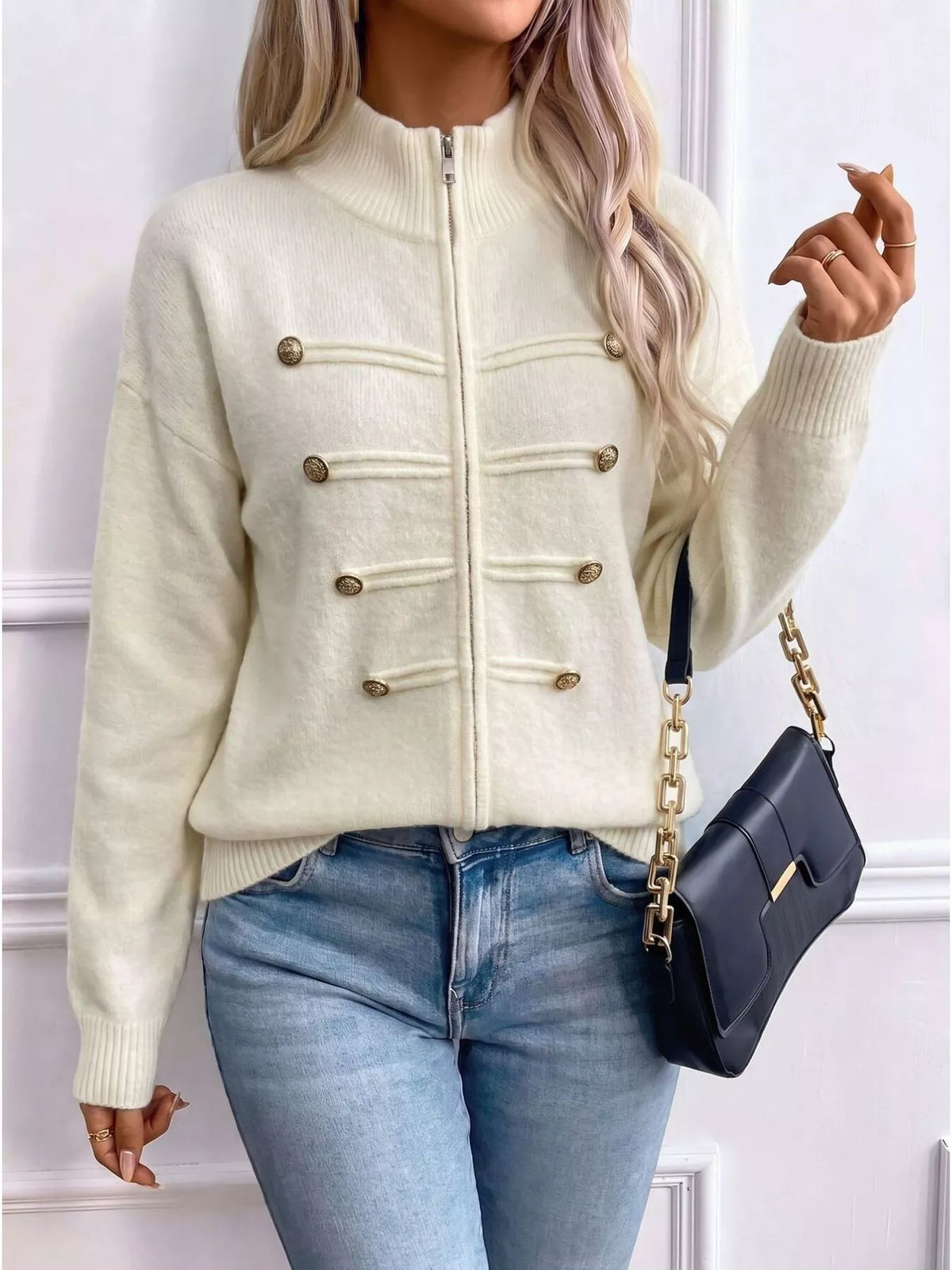 Ivory zip-up long sleeve cardigan with decorative buttons