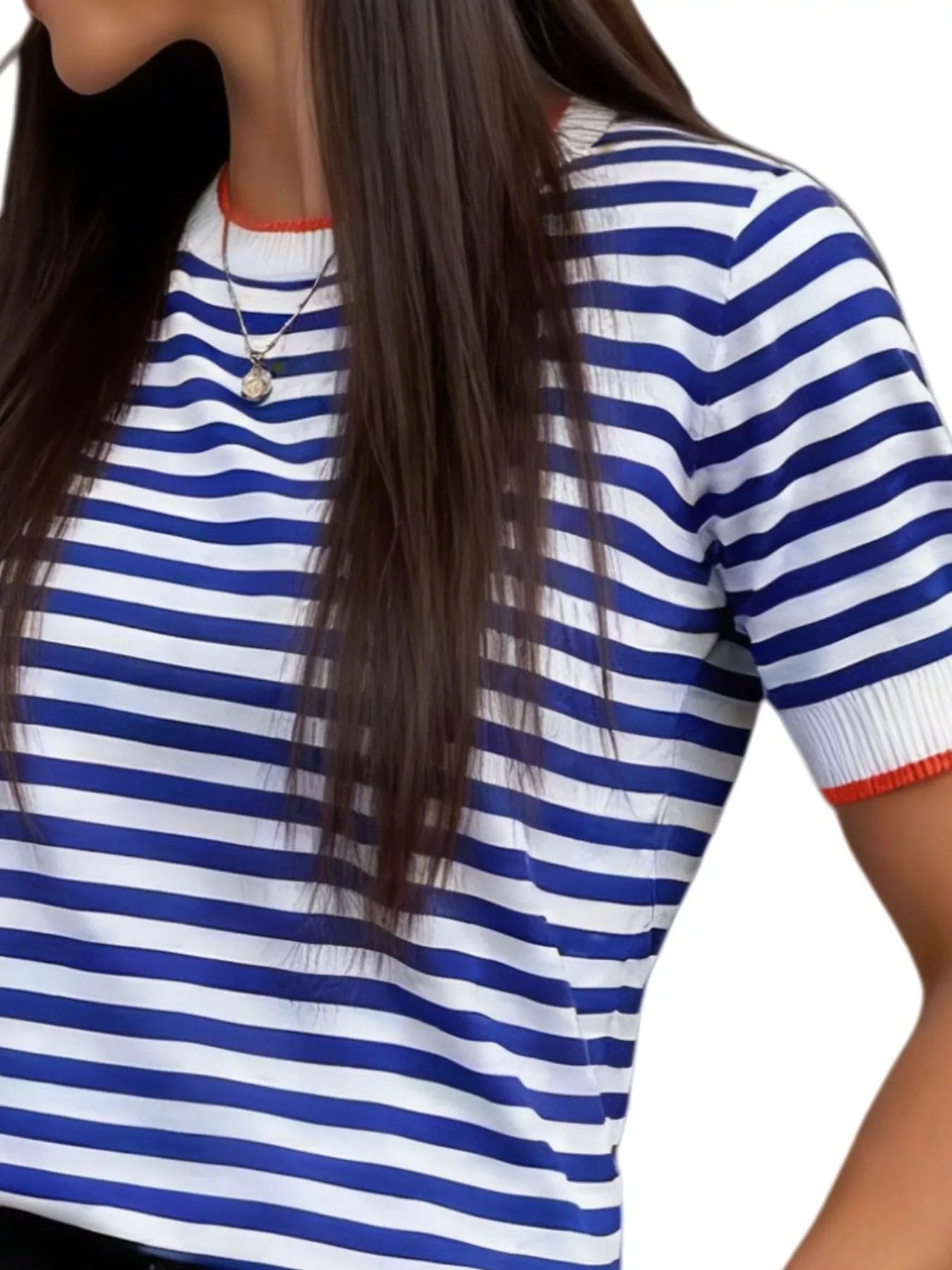 Trendsi Contrast Trim Striped Short Sleeve Knit Top -