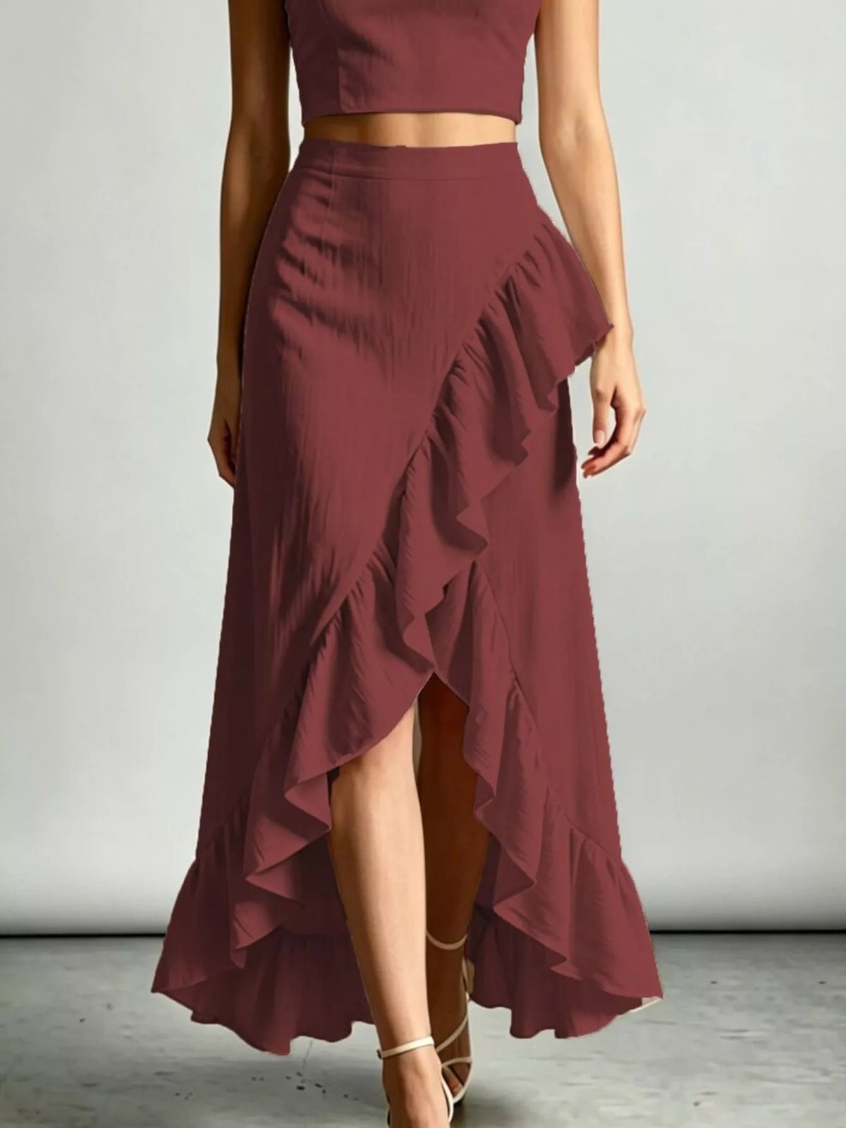 Burgundy Halter Neck Crop Top and High-Low Maxi Skirt Two-Piece Set back view