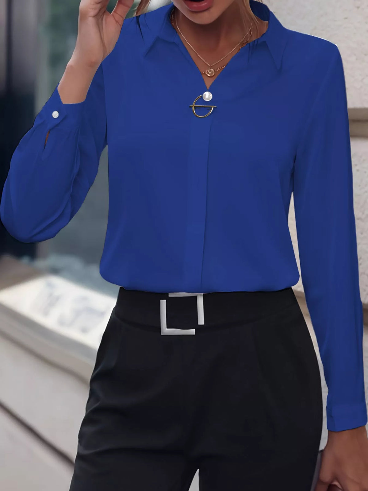 Women's Collared Clasp Detail Long Sleeve Satin Blouse in blue — front view