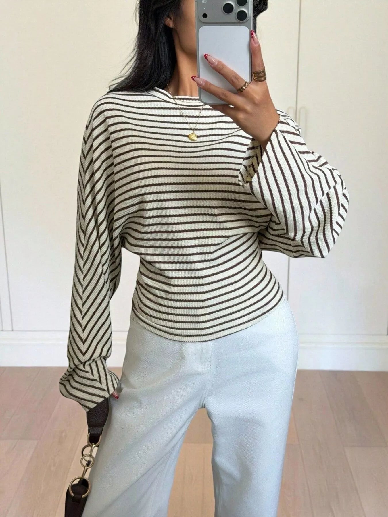 Trendsi Casual Striped Batwing Sleeve T-Shirt -