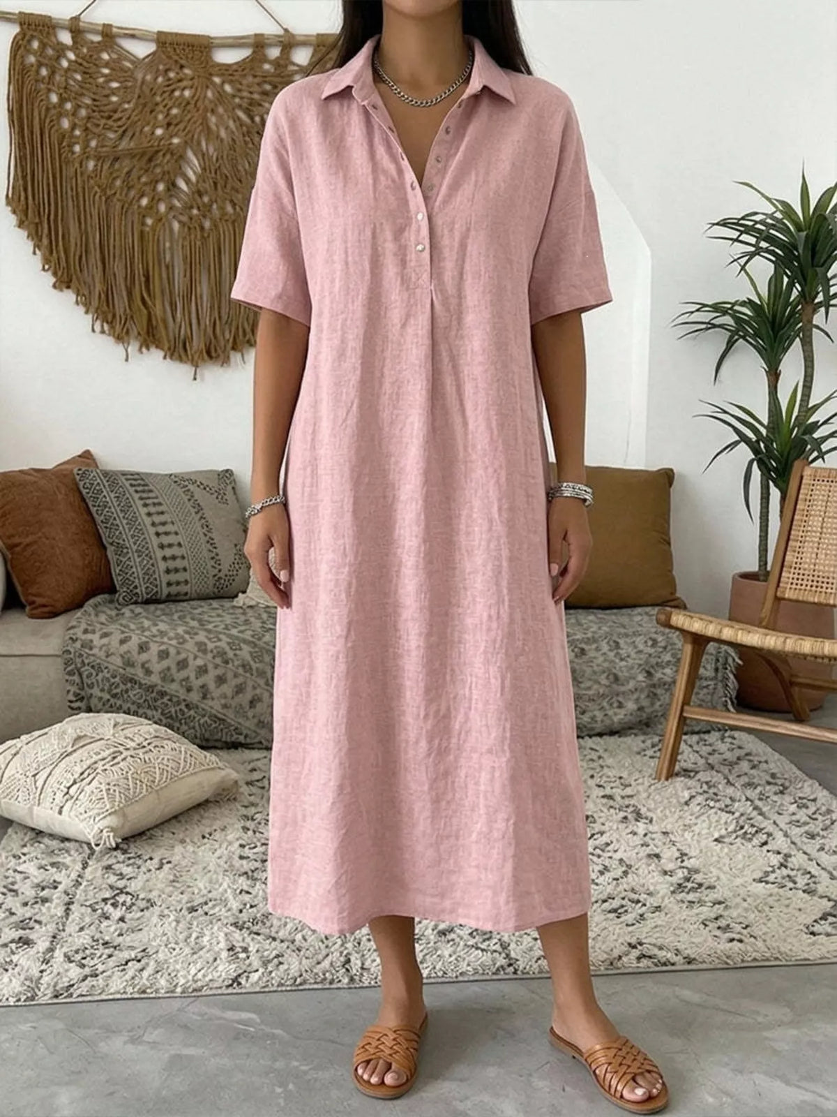 Pink Button-Front Short Sleeve Midi Shirt Dress front view