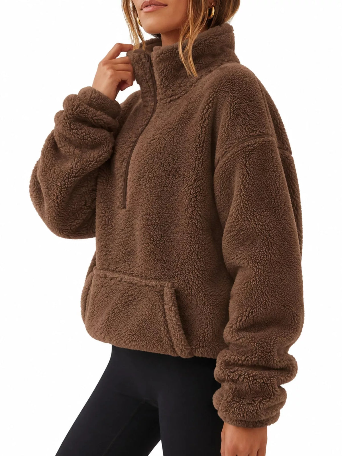 Sherpa quarter-zip sweatshirt, brown angled front
