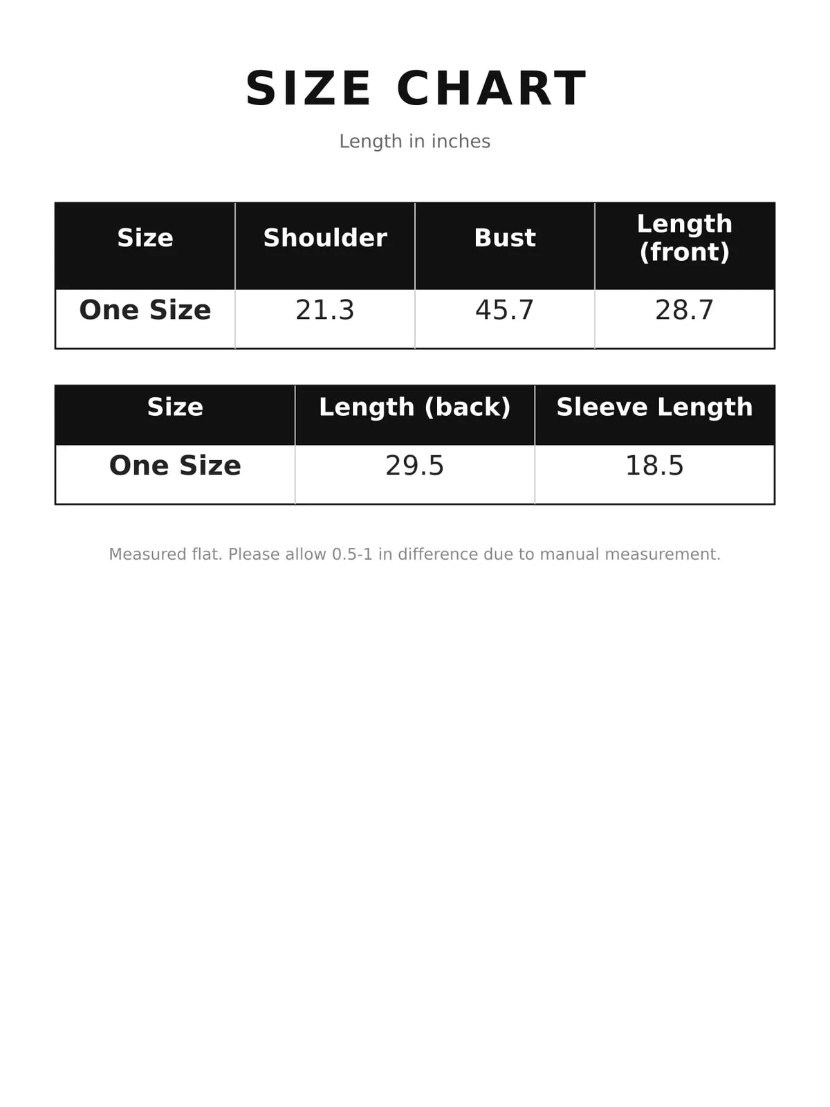 Size chart for oversized button-down long sleeve shirt