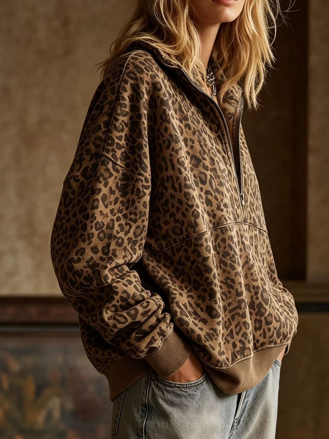 Trendsi Leopard Half Zip Oversized Sweatshirt -