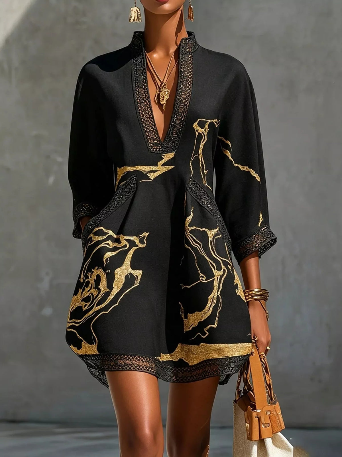 Black notched 3/4 sleeve mini dress