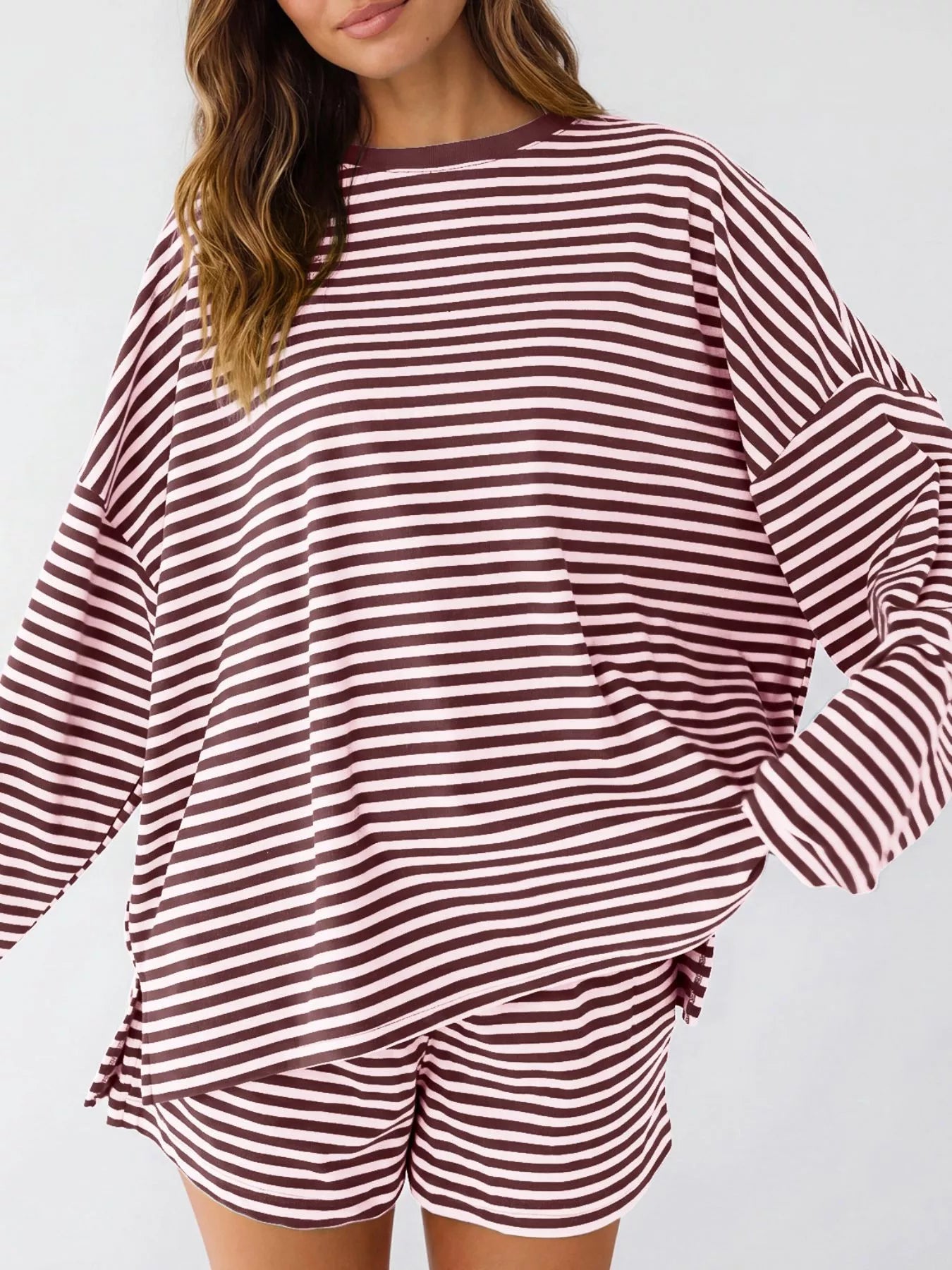 Trendsi Casual Striped Long Sleeve Top and Shorts Set -