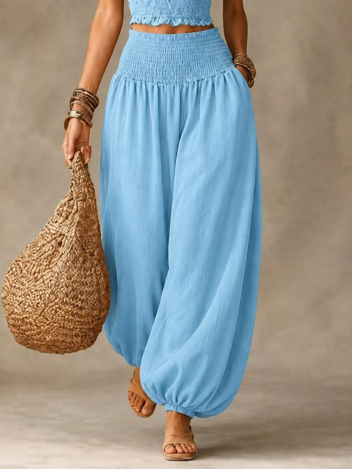 Women's Smocked Harem Pants in light blue — front view