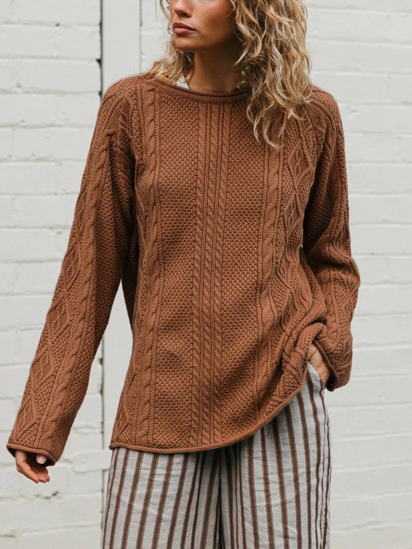 Trendsi Crew Neck Cable-Knit Sweater -