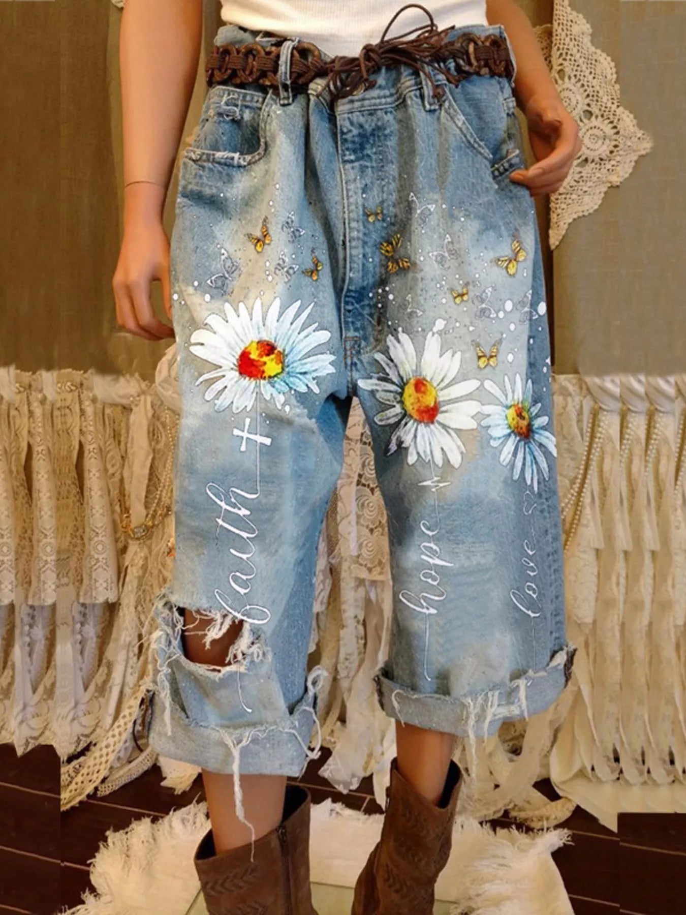 Trendsi Full Size Floral Distressed Cropped Jeans Plus Size -