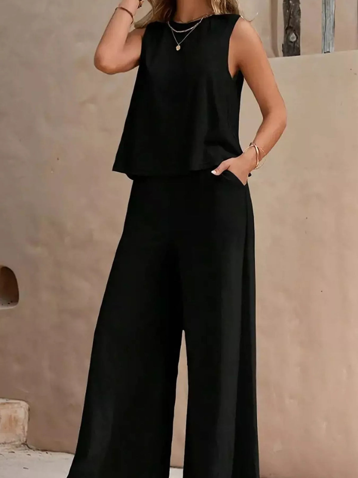 Sleeveless Tank Top and Wide-Leg Pants Set — front view