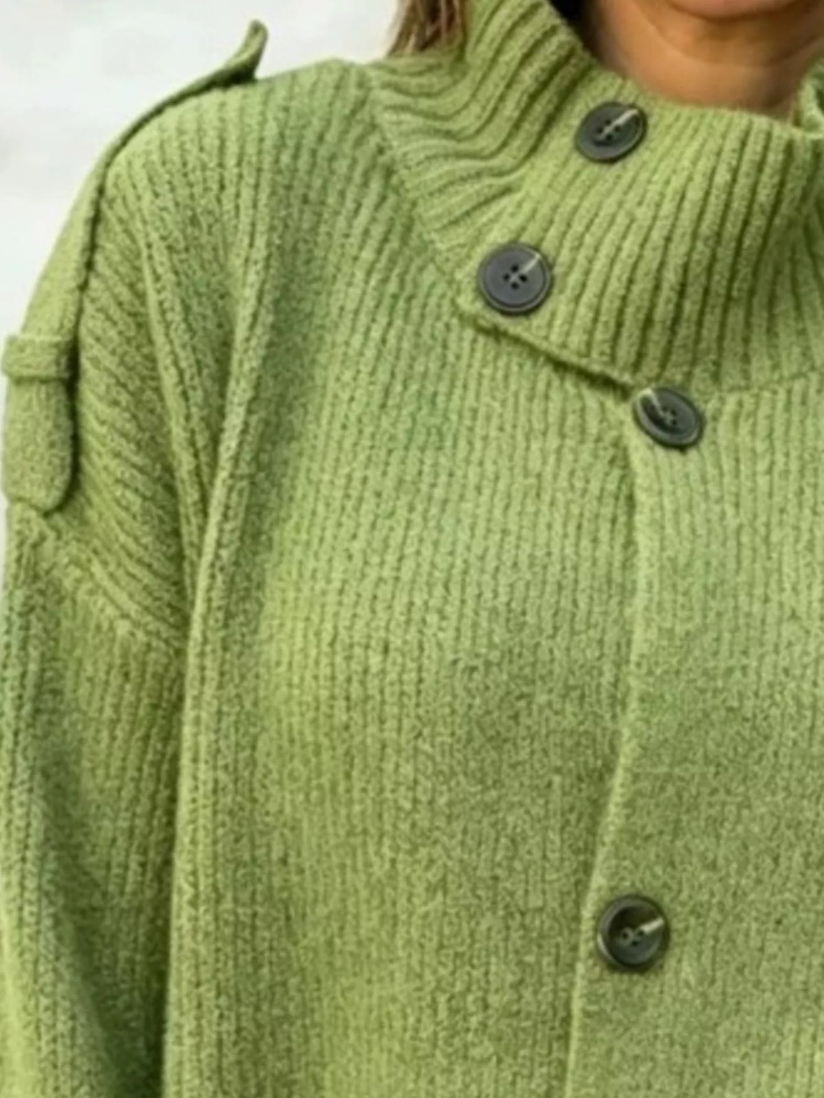 Button-Up Mock Neck Cardigan in green, neckline detail