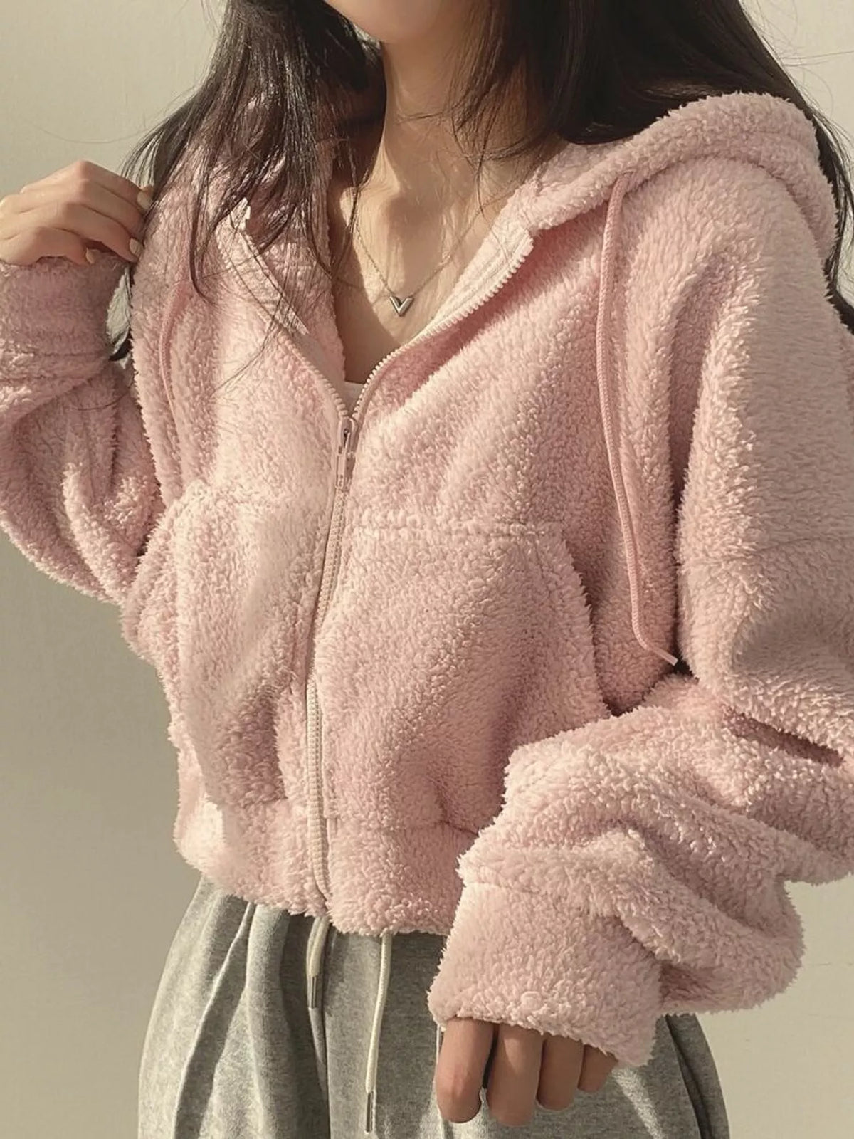 Cropped sherpa hoodie, pink front