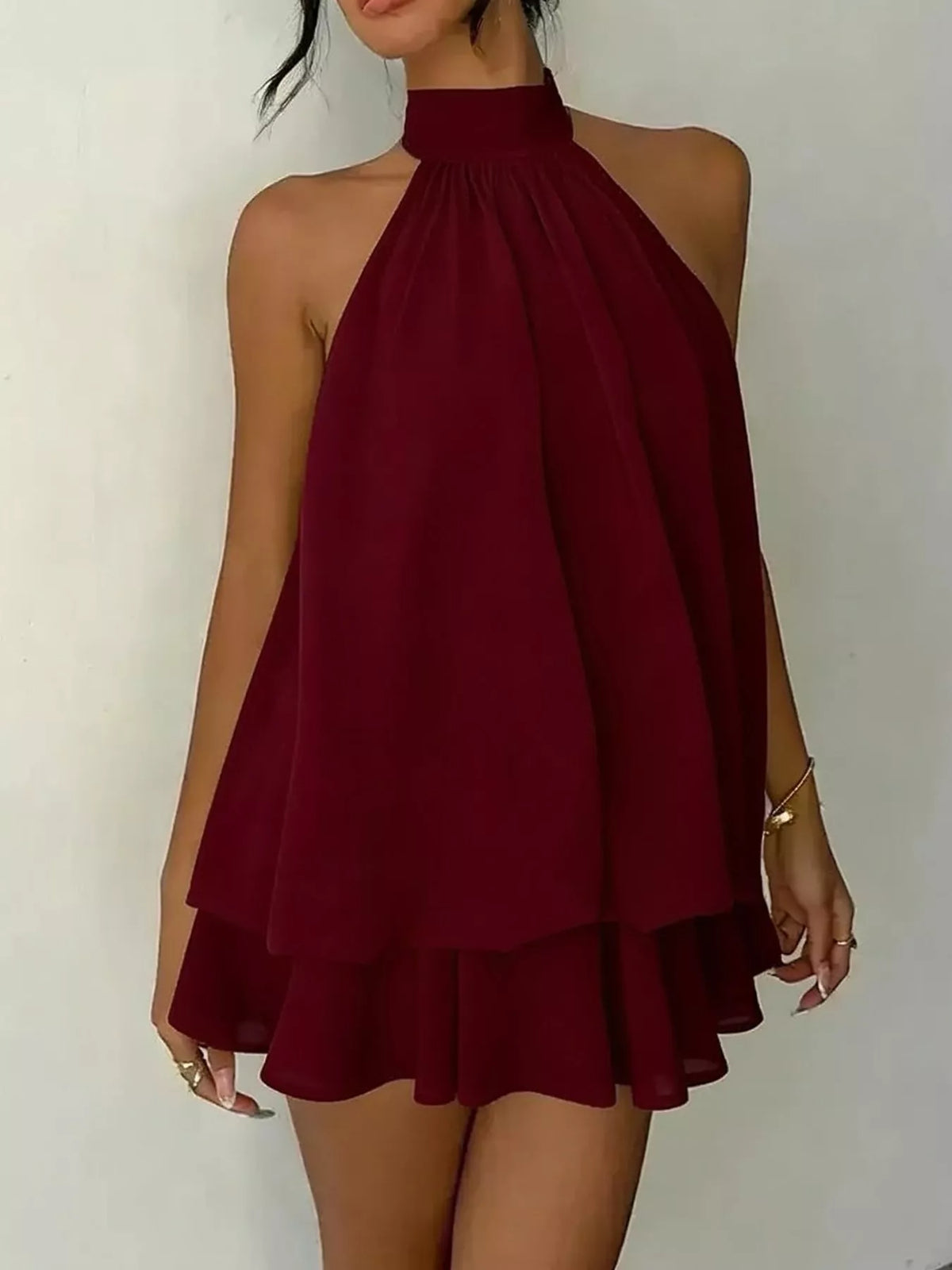 Burgundy halter neck chiffon mini dress