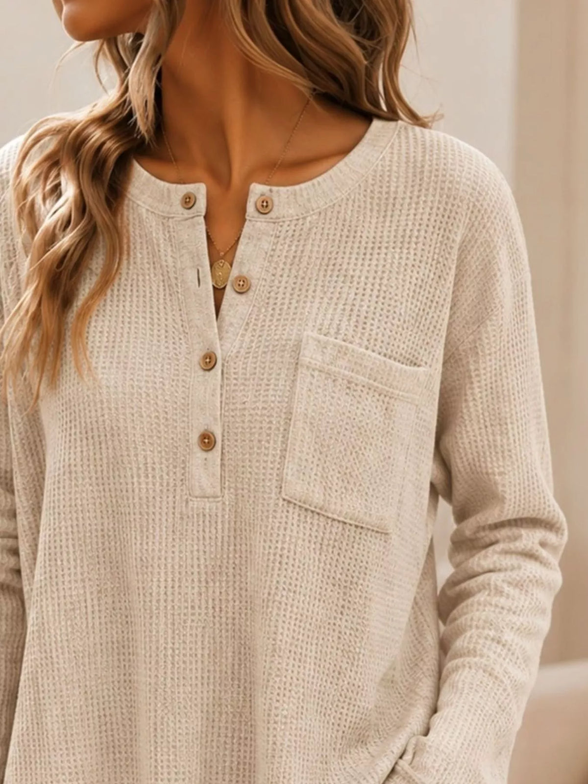 Cream waffle-knit button-detail top, button neckline and pocket detail