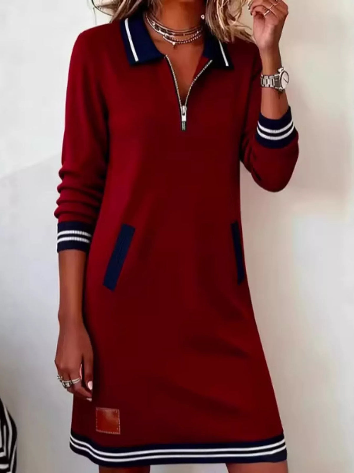 Red zip-up polo collar knit dress