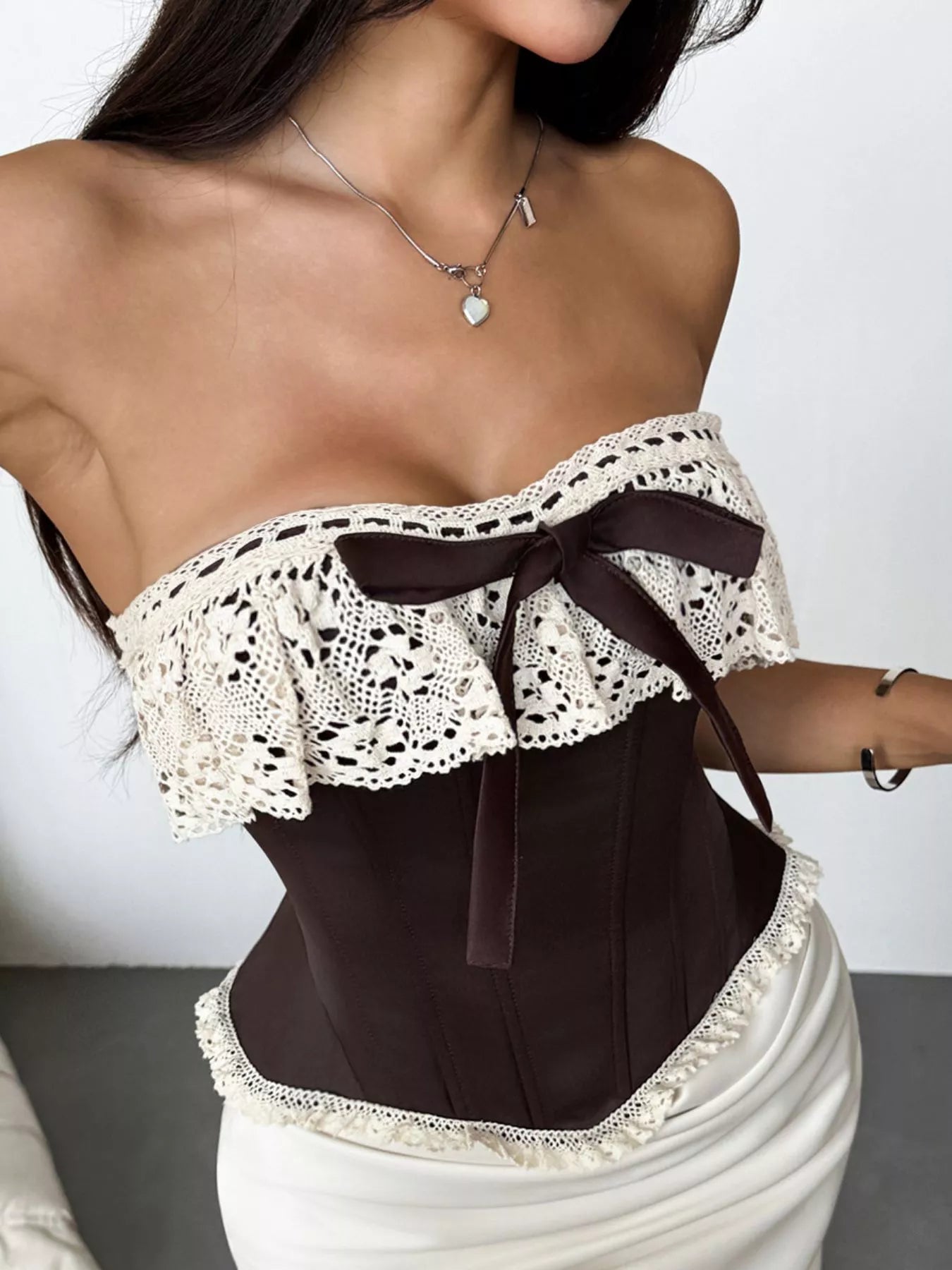 Trendsi Crochet Lace Strapless Boned Corset Lace‑Up Waist Cincher Tube Top -