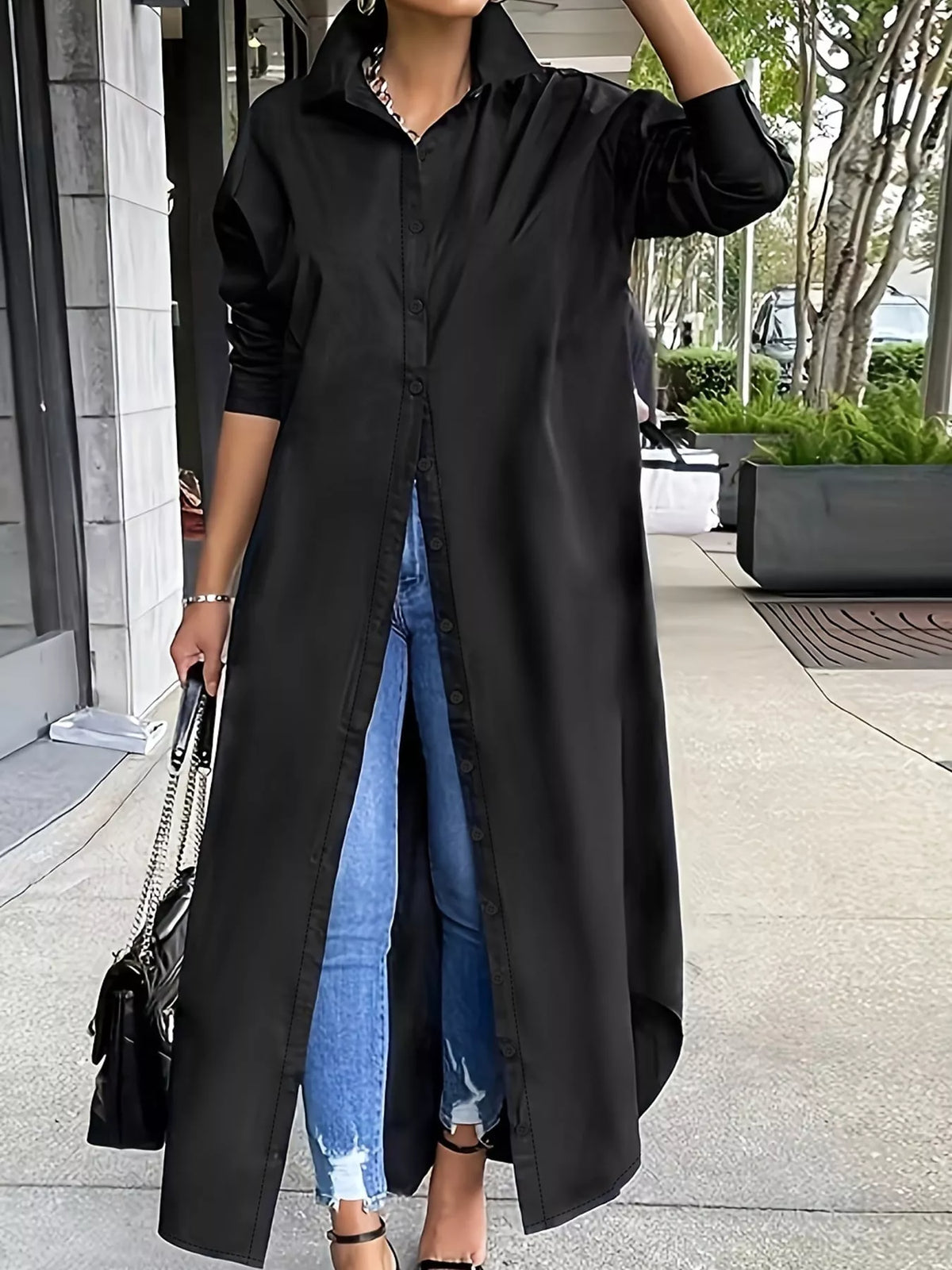 Longline button-down shirt, black front open button placket