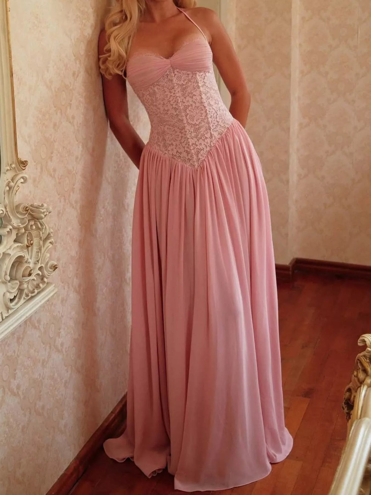 Pink lace corset halter neck maxi dress — front view
