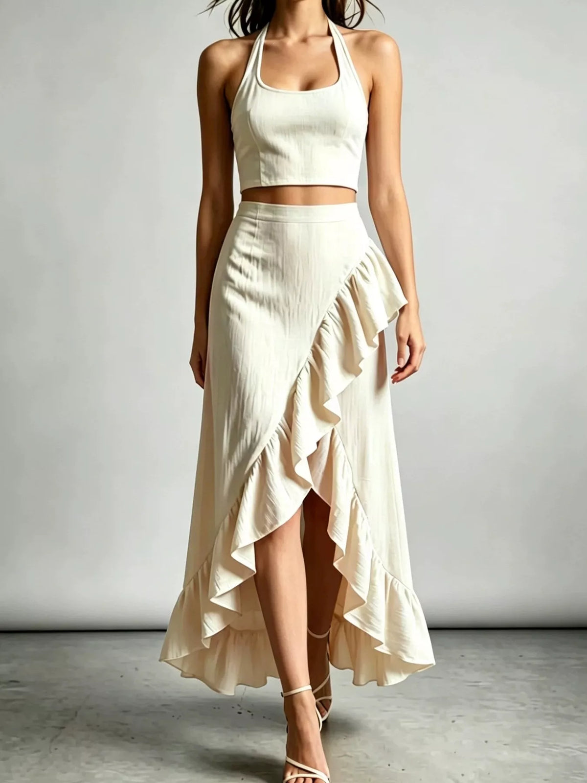 Beige Halter Neck Crop Top and High-Low Maxi Skirt Two-Piece Set front view