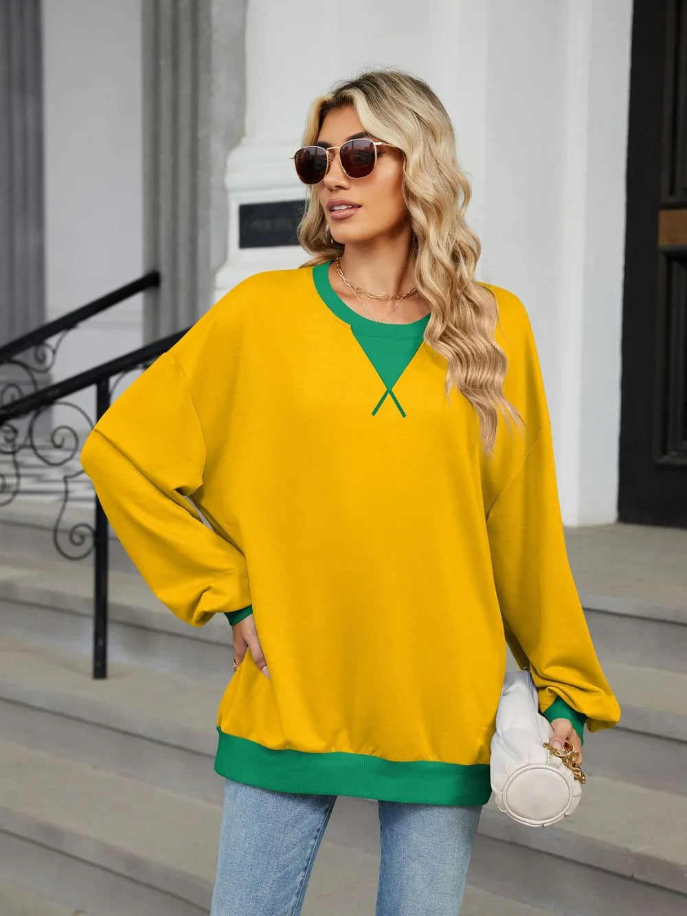 Trendsi Contrast Round Neck Long Sleeve Sweatshirt -