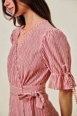Trendsi SO ME Stripe Textured Short Sleeves Lined Wrap Midi Dres -