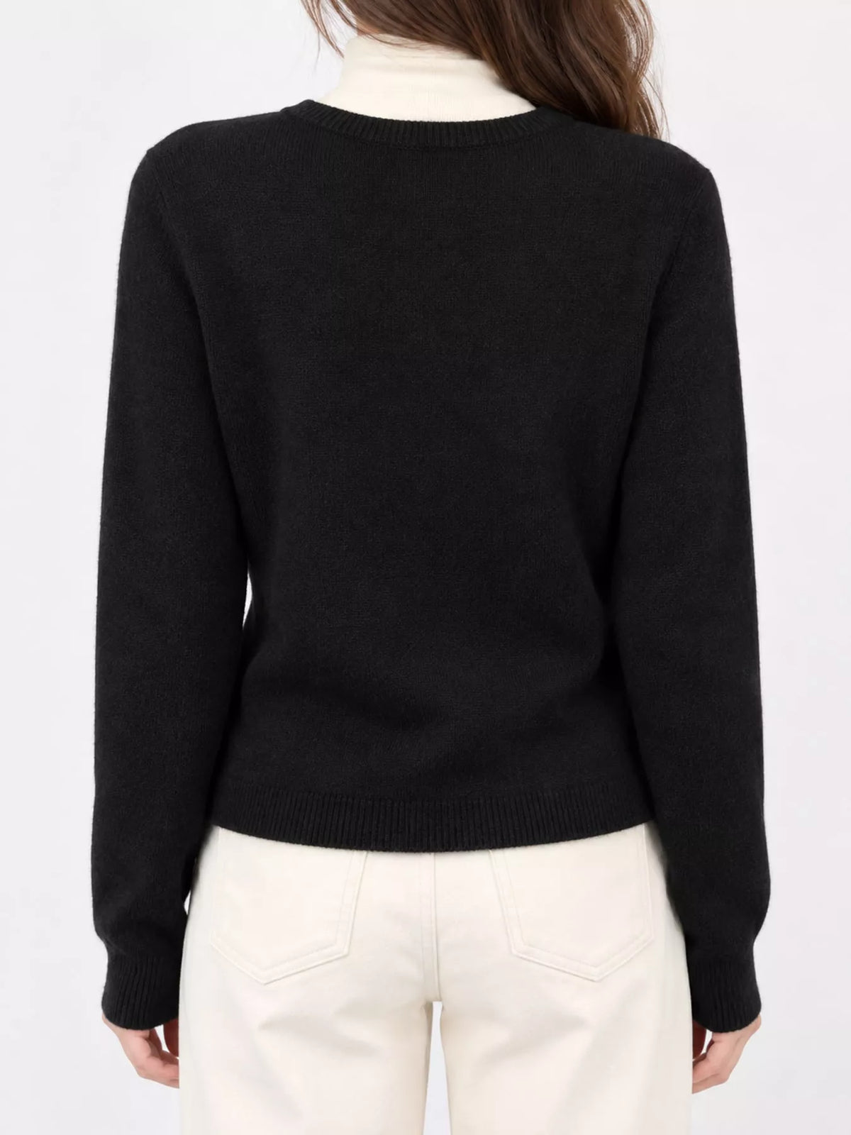 Women's Crew Neck Button-Down Knit Cardigan in black — back view