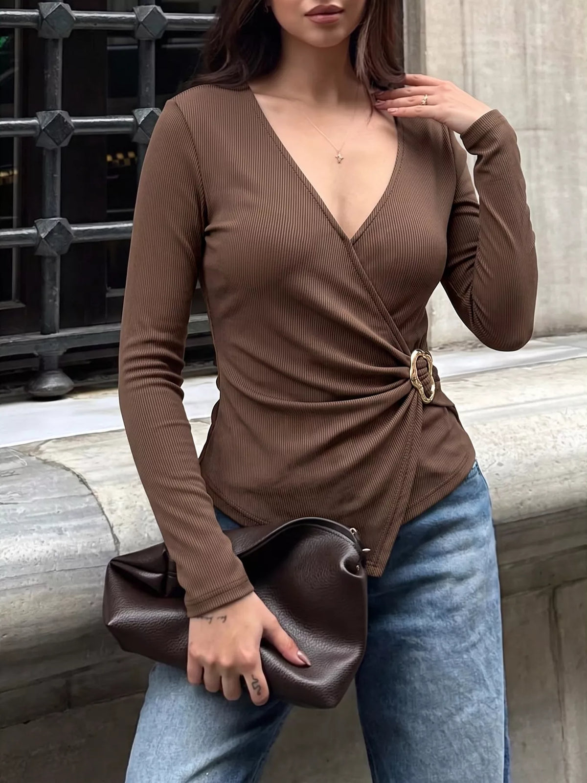 Trendsi Metal Buckle Detail Surplice T-Shirt -