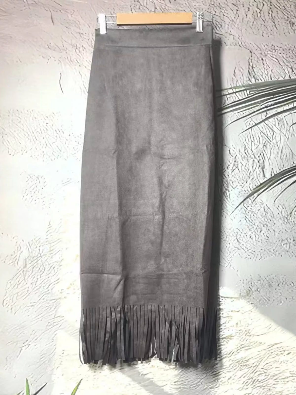 Gray fringe midi skirt
