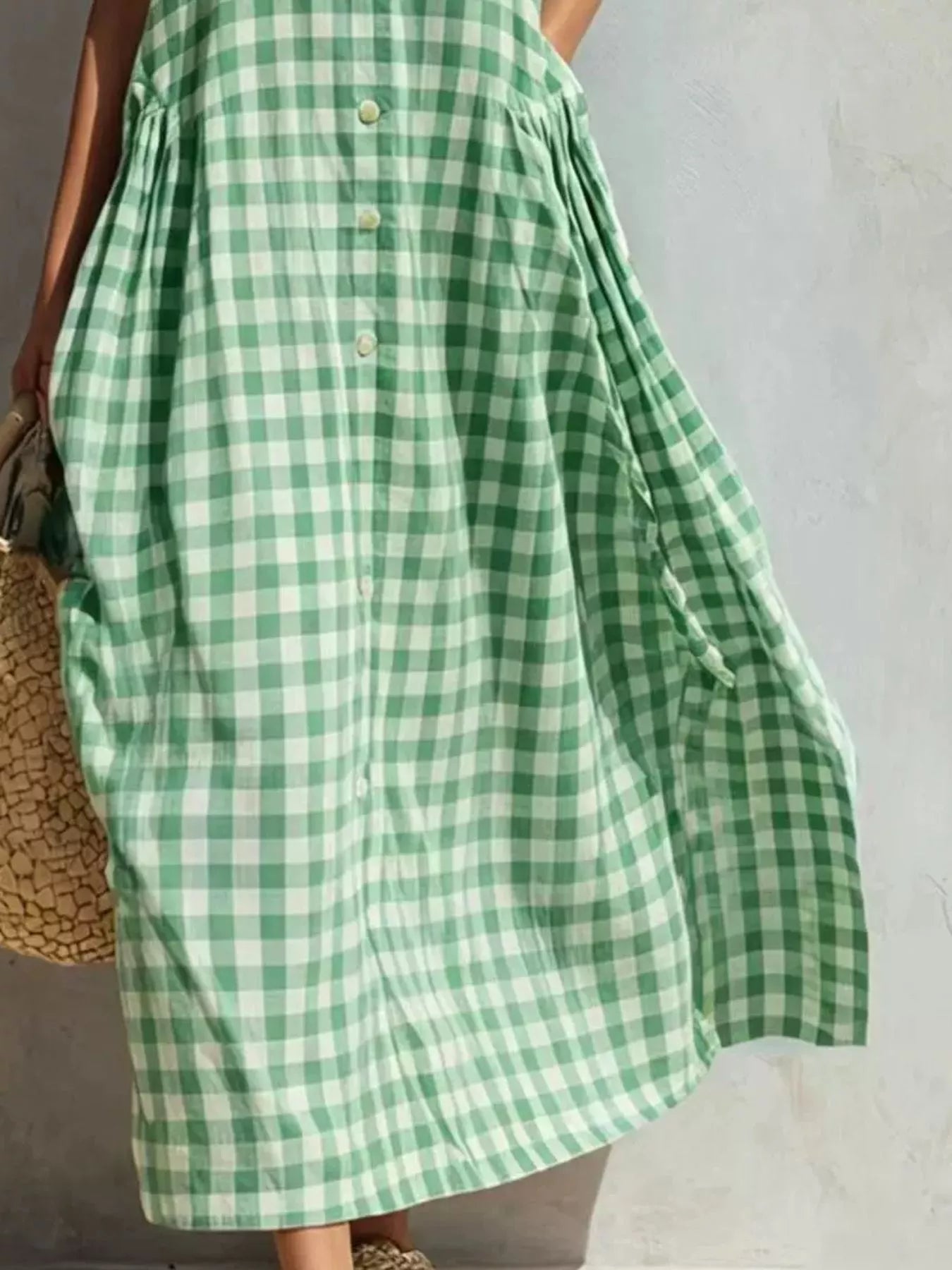 Trendsi Full Size Sleeveless Gingham Button-Down Midi Dress Plus Size -