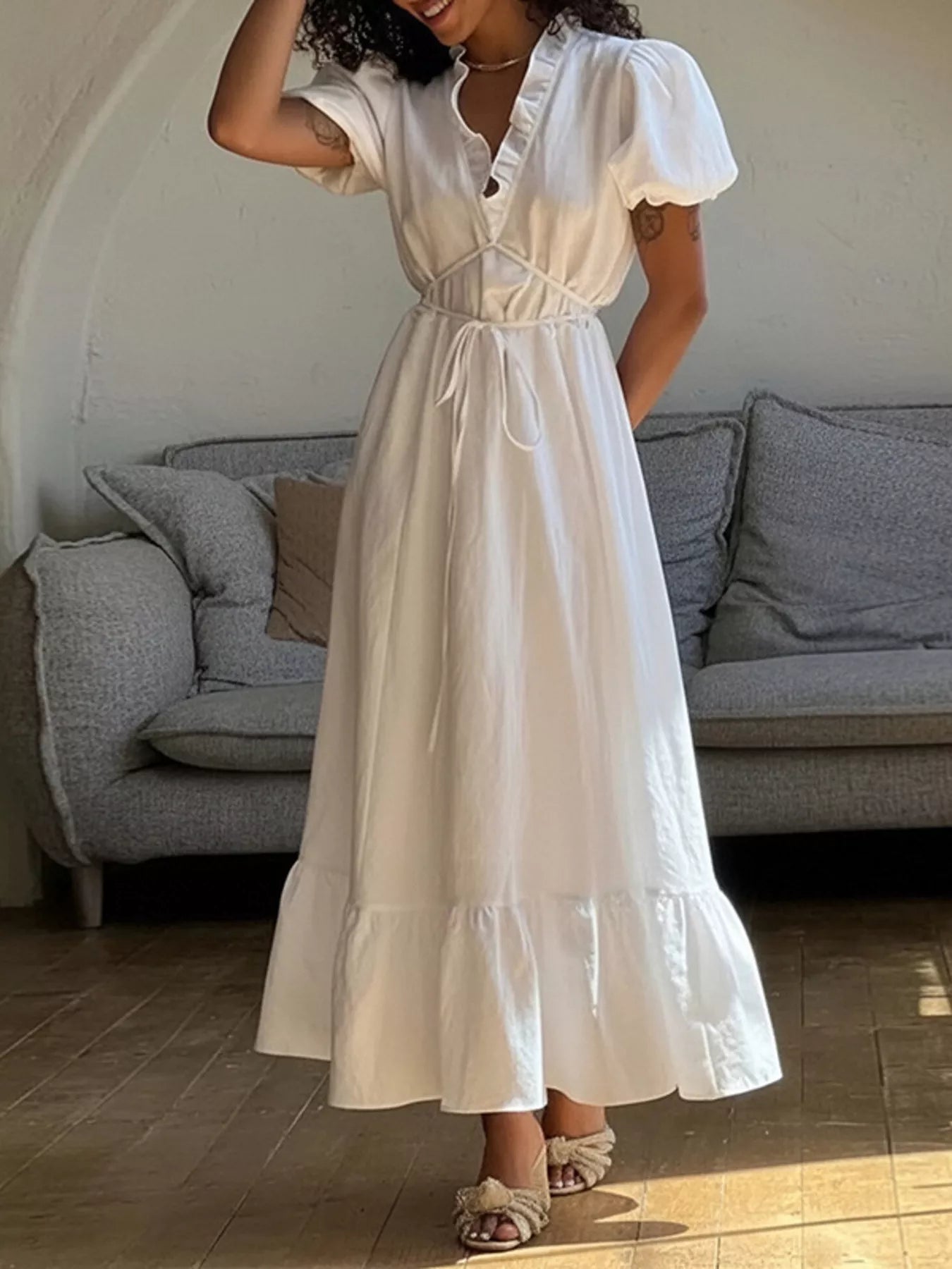 Trendsi Full Size Puff Sleeve Ruffle Trim Maxi Dress Plus Size -