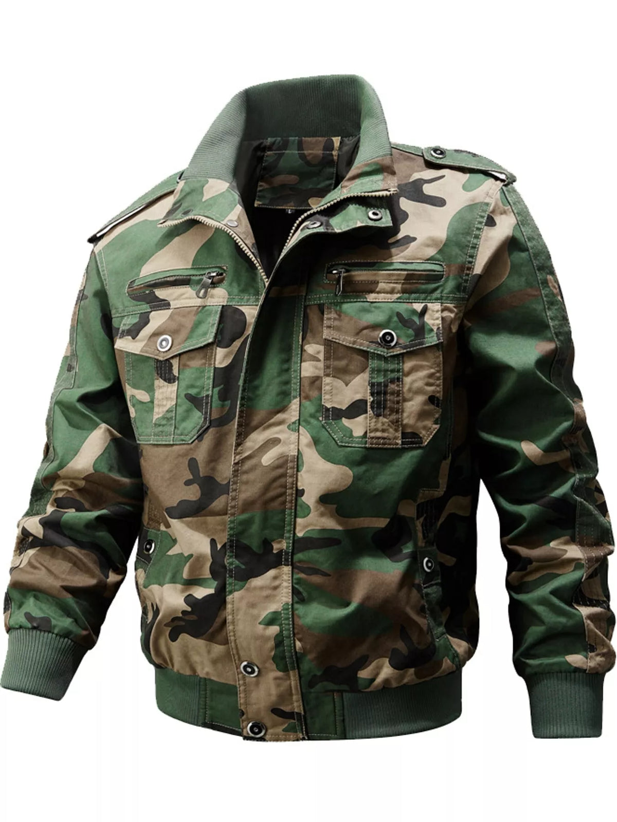 Multi-Pocket Tactical Bomber Jacket — garment front