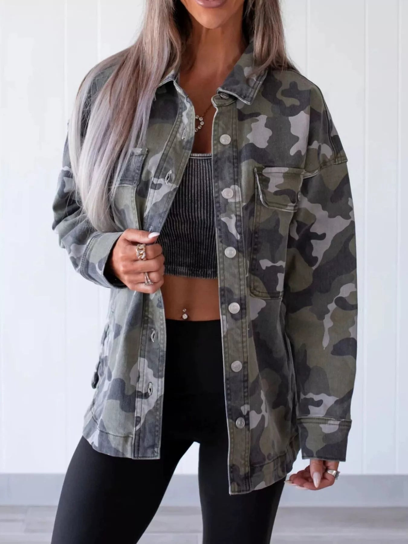 Trendsi Camouflage Print Button Up Denim Jacket -