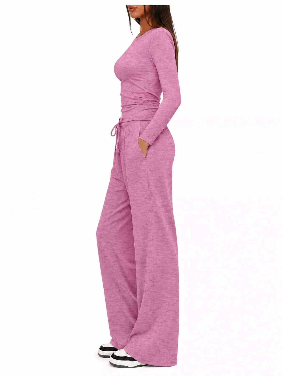 Long Sleeve Ruched Top and Wide-Leg Drawstring Pants Set — side view