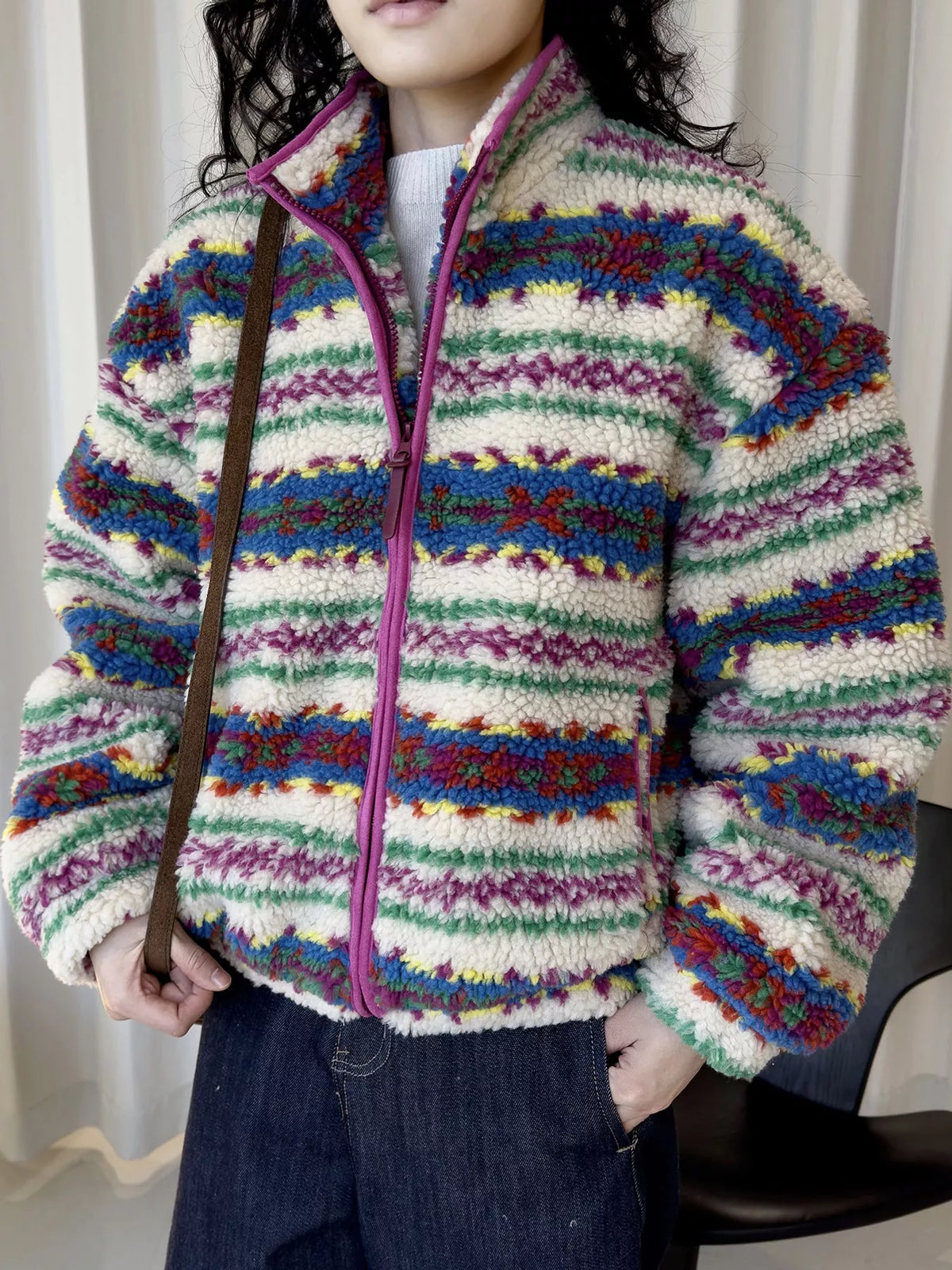 Multicolor colorful patterned sherpa zip up jacket, front view