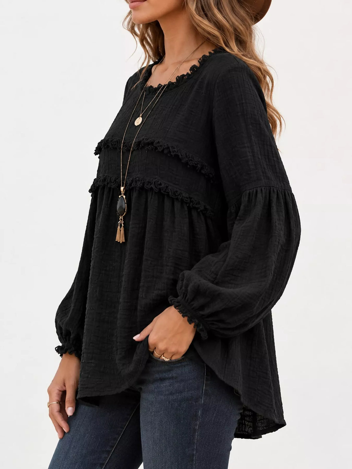 Black textured frayed-trim peplum blouse