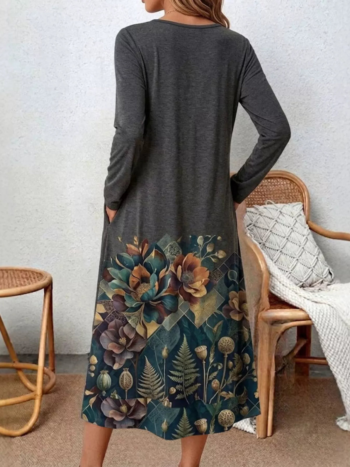 Women's Floral Print Long Sleeve Midi Dress in Gray, back view