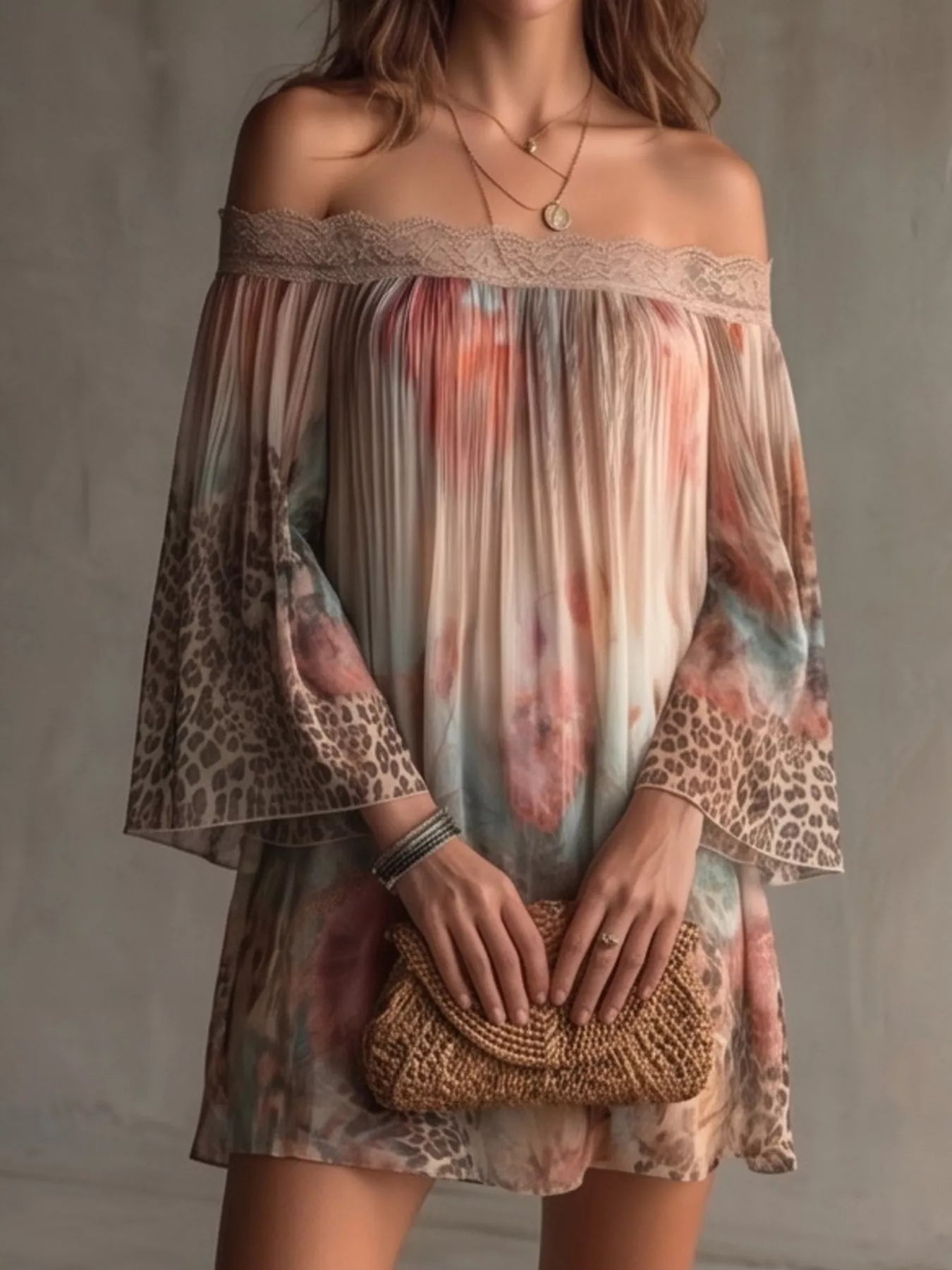 Trendsi Off-Shoulder Lace-Trimmed Floral and Leopard Print Mini Dress -