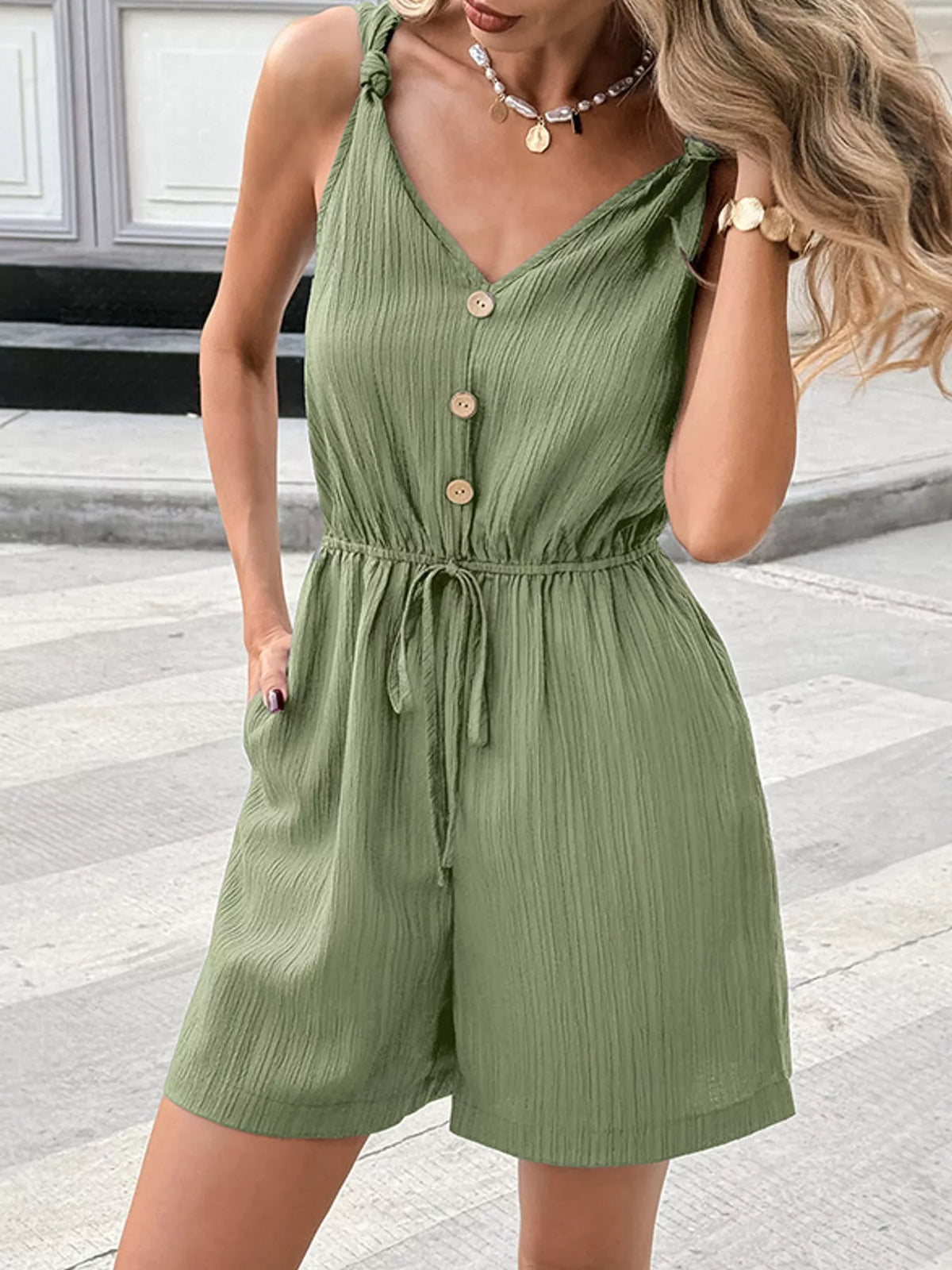 Sleeveless V-Neck Romper with Drawstring Waist — front view