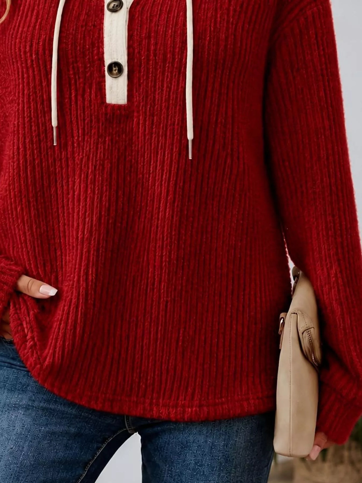 Trendsi Full Size Drawstring Button Detail Hooded Sweater Plus Size -