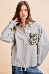 Trendsi BiBi Flower Jacquard Knit Patch Pocket Stripe Shirt -