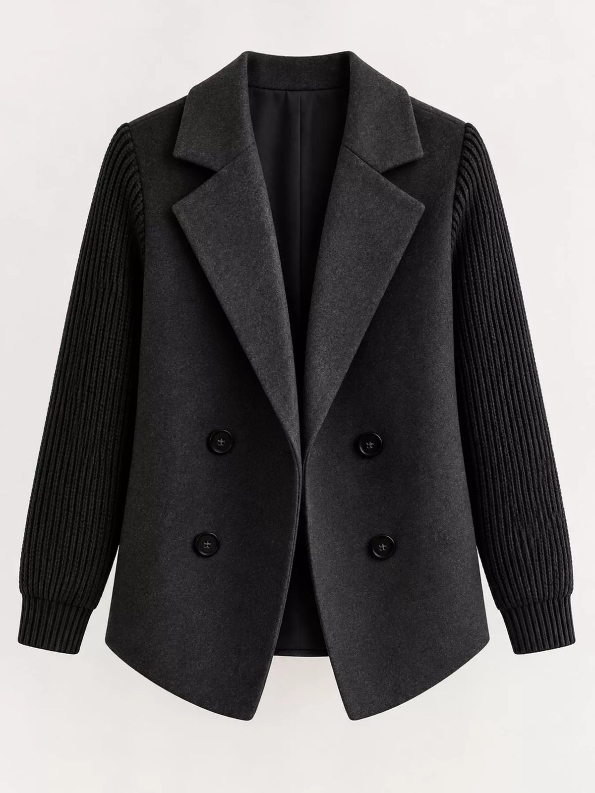 Black double-breasted blazer with ribbed knit sleeves