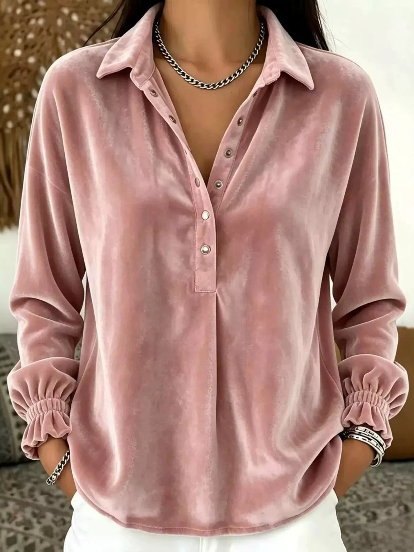 Trendsi Velvet Snap Down Long Sleeve Blouse -