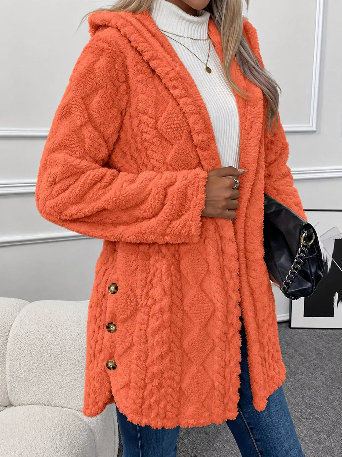 Orange Red cable knit faux fur hooded jacket