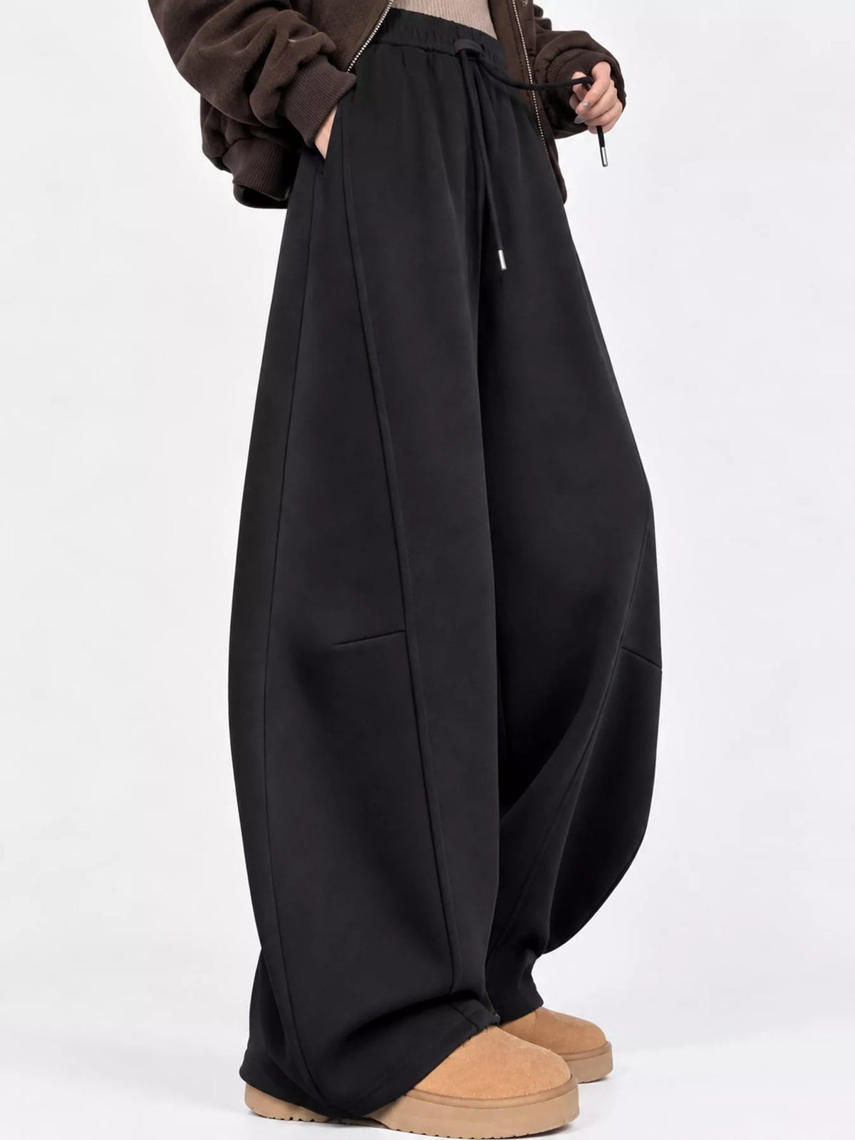 Black wide leg drawstring sweatpants, front view