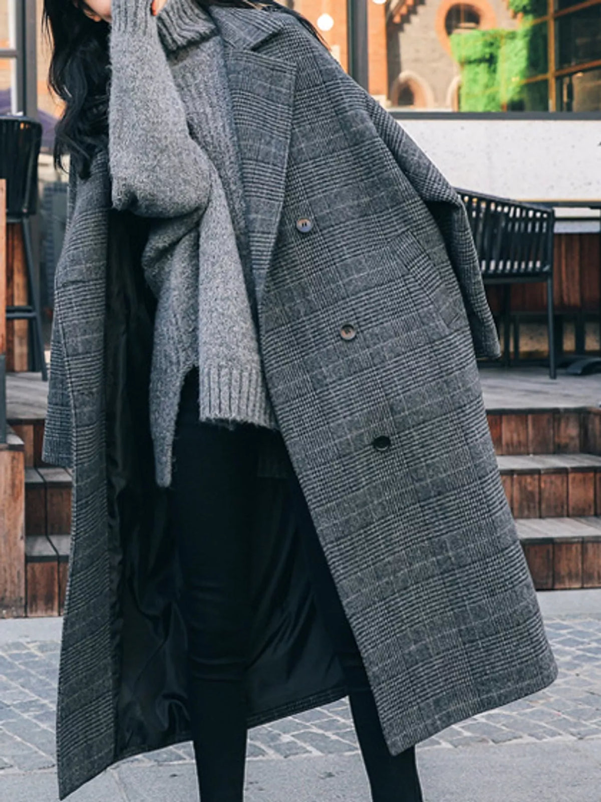 Gray plaid double-breasted longline overcoat
