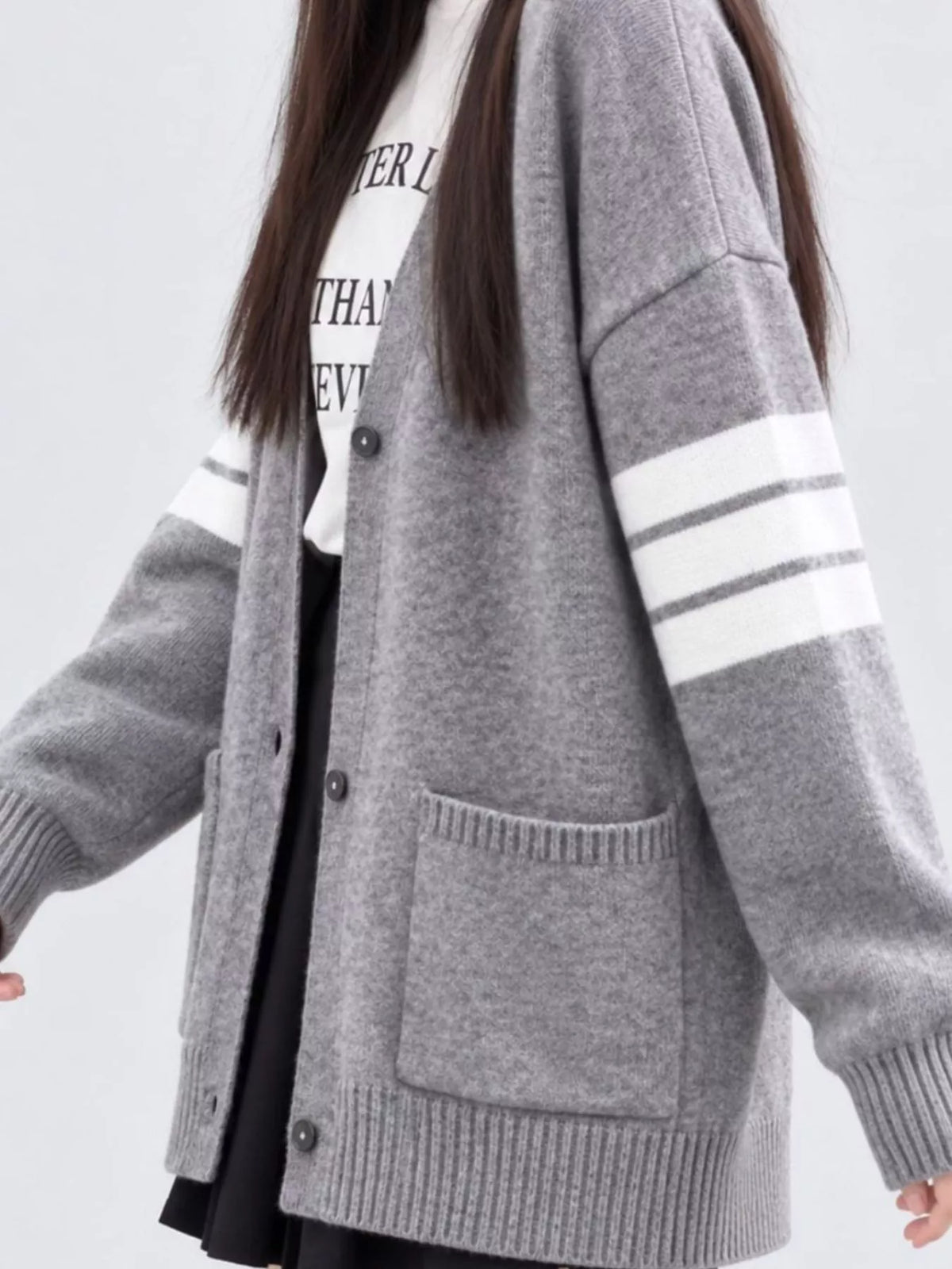 Stripes Long Sleeve V-Neck Cardigan in gray
