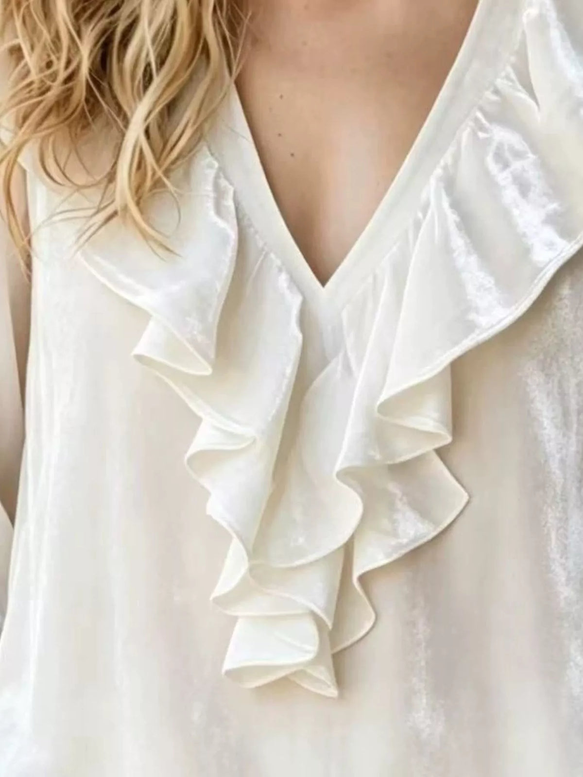 White Velvet Ruffled V-Neck Long Sleeve Blouse neckline detail