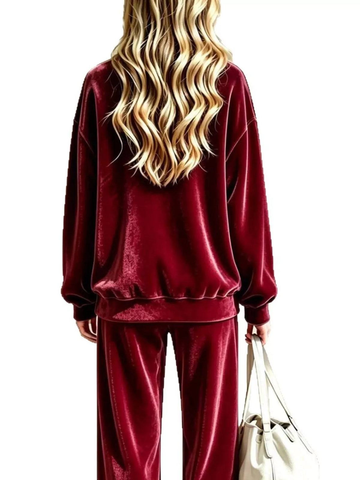 Women's Dropped Shoulder Velvet Top and Wide Leg Pants Set in burgundy — back view
